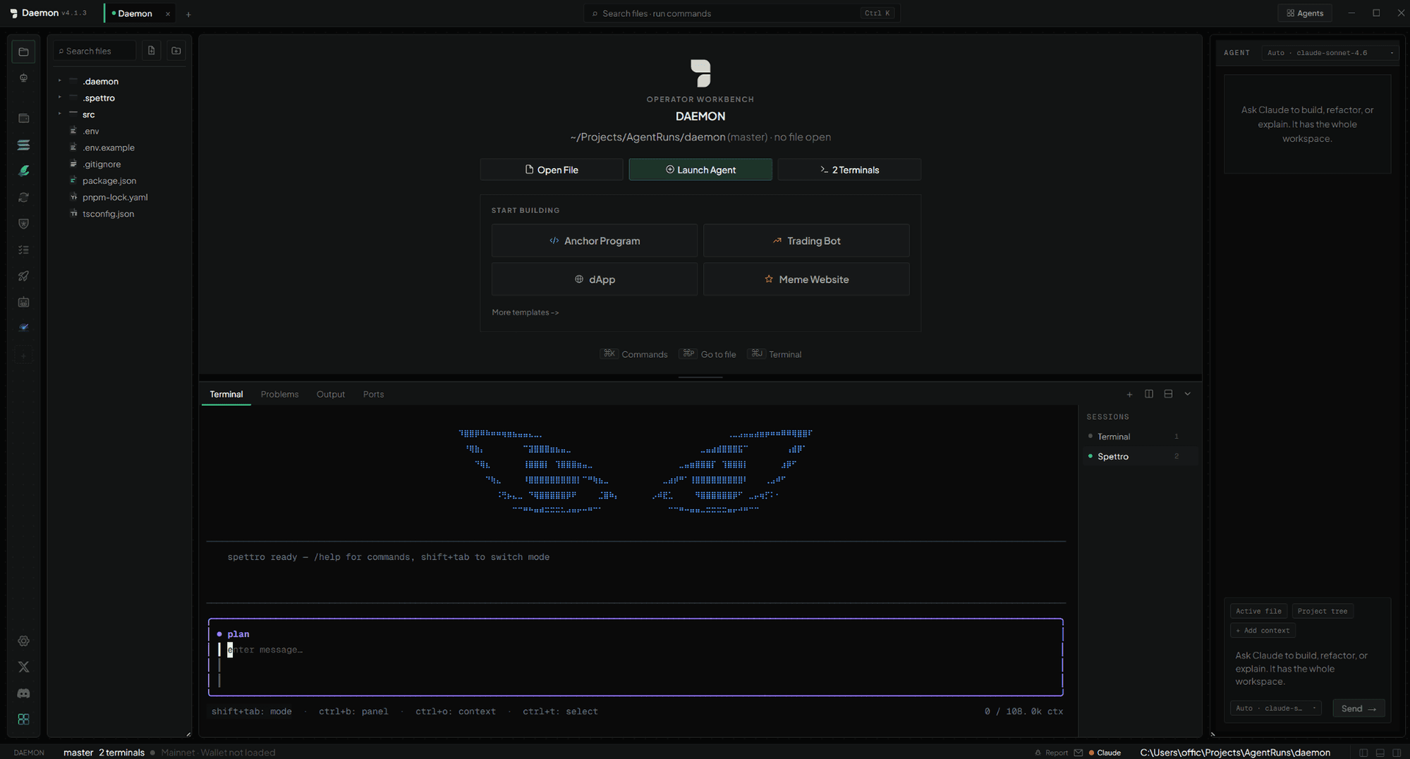 The Daemon workbench with file tree, launcher, terminal, and agent panel
