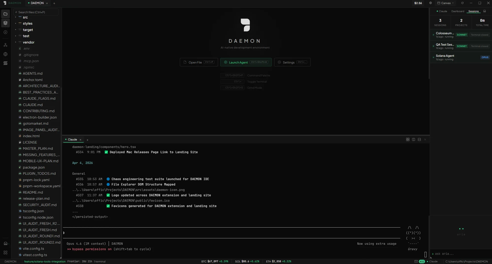DAEMON UI layout showing sidebar, editor, terminal, and right panel